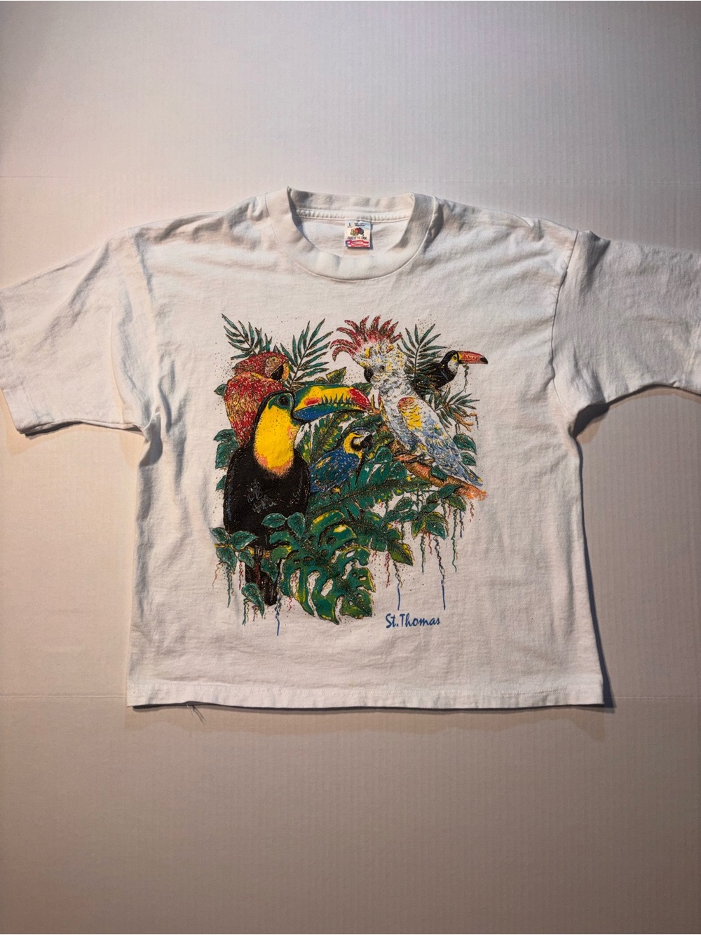 Vtg St Thomas Tropical Parrot Habitat Nature Fruit Of The Loom Cropped 90’s Tee